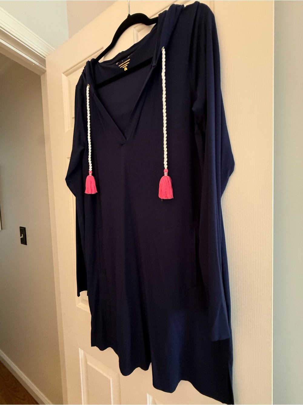 Navy blue Lilly Pulitzer Rylie Hooded Cover-Up Dress featuring a V-neckline.